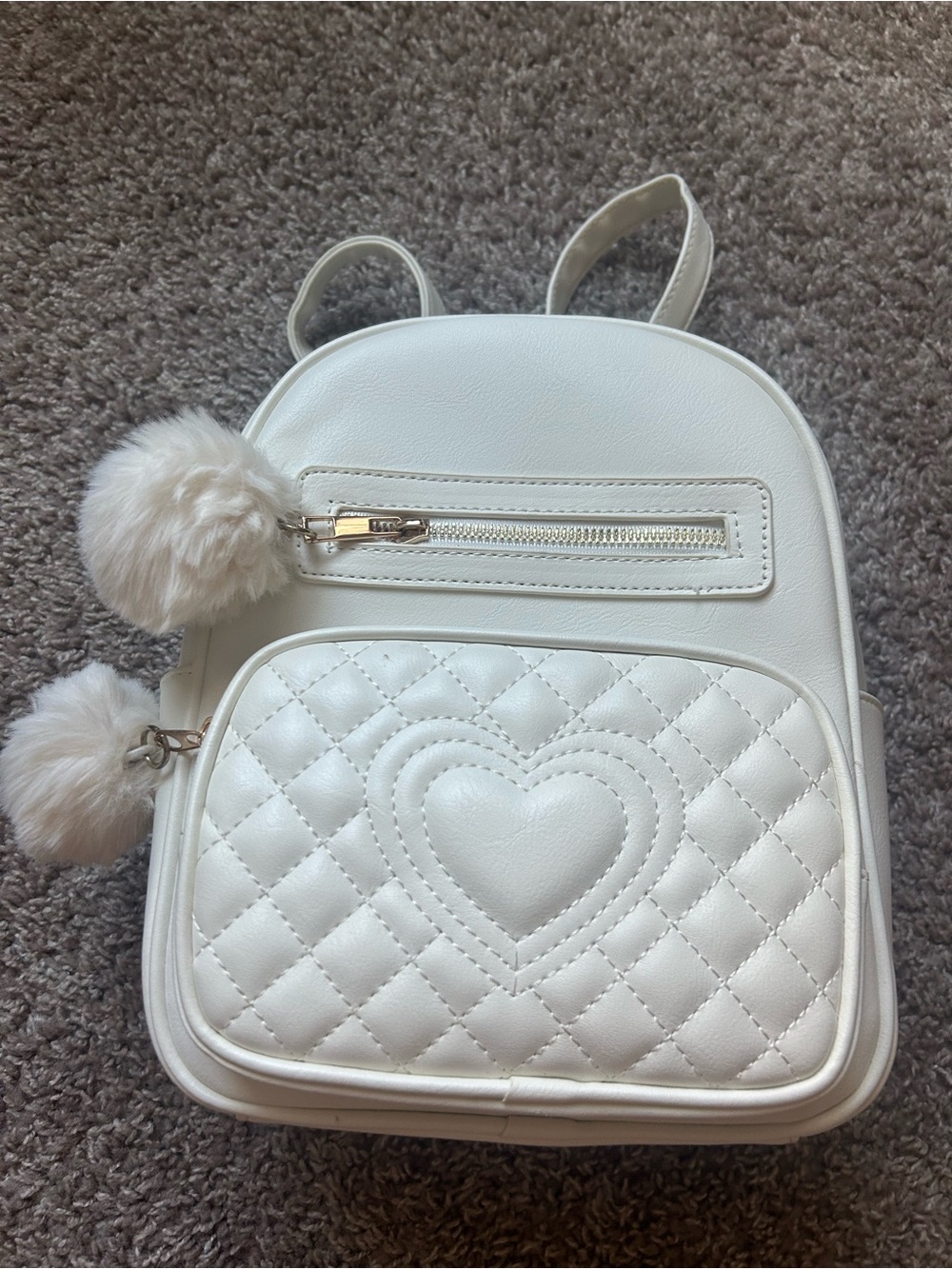 White Quilted Heart Mini Backpack with Pom-Pom Charms